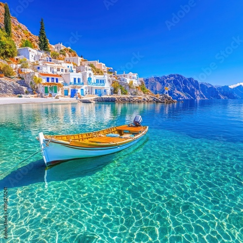 Fishing Boat and Scenic Loutro Village in Crete, Greece