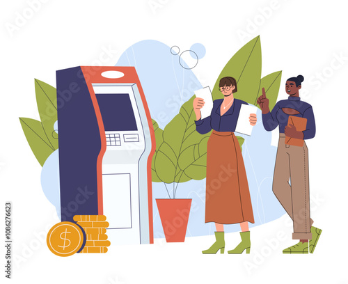 People near atm. Women near terminal with golden coins. Bank clients in line. Cashless transactions and money transfers in bank. Flat vector illustration isolated on white background