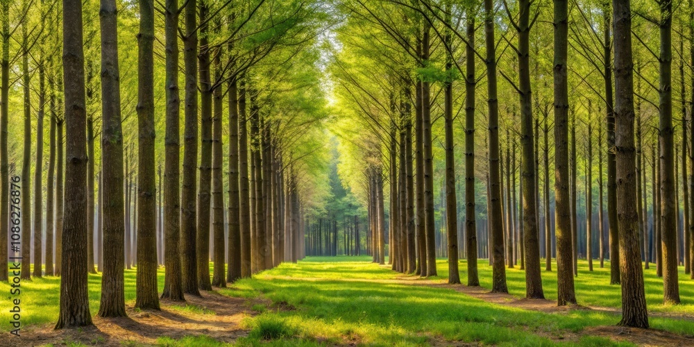 Neat row of modest trees in a forest , organized, rows, trees, forest, brown, yellow, autumn, serene, nature, harmony Neat row of modest trees in a forest , organized, rows, trees, forest, brown, yellow, autumn, serene, nature, harmony