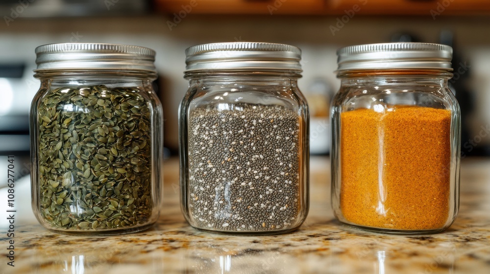 Three glass jars on a countertop hold nutritious pumpkin, hemp, and chia seeds, emphasizing healthy eating and cooking. Generative AI Three glass jars on a countertop hold nutritious pumpkin, hemp, and chia seeds, emphasizing healthy eating and cooking. Generative AI