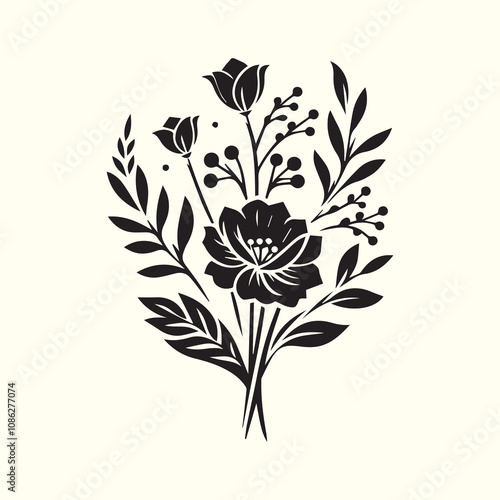 Flower vector illustration, Elegant Flower Bouquet silhouette vector icon black and white