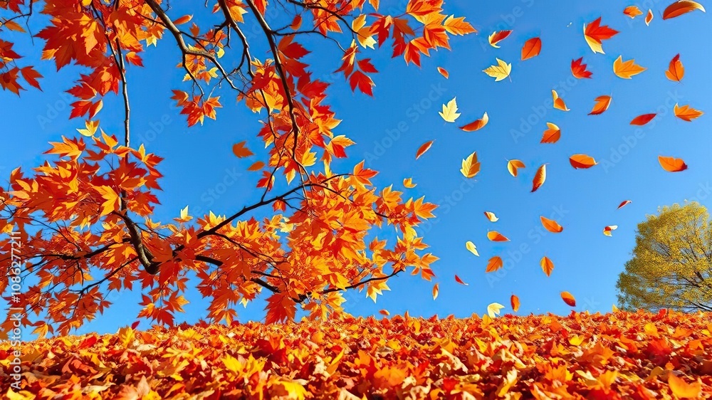 The vibrant branches of an orange-yellow and brown leafed tree are scattered against a blue sky with falling leaves creating a colorful carpet on the ground, color changing, background