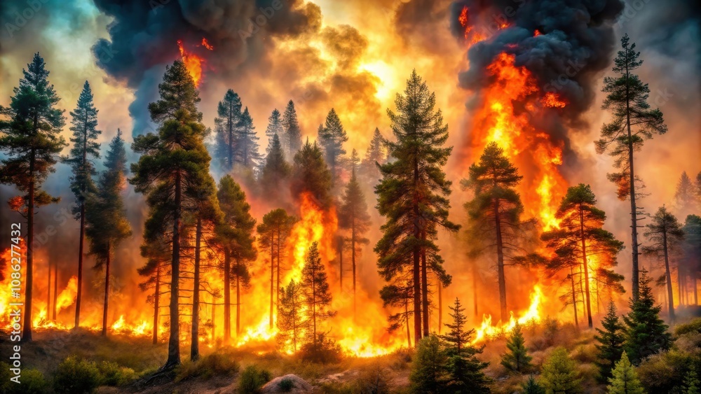of a forest fire disaster, with trees burning and wildfire causing destruction to the environment, forest fire of a forest fire disaster, with trees burning and wildfire causing destruction to the environment, forest fire