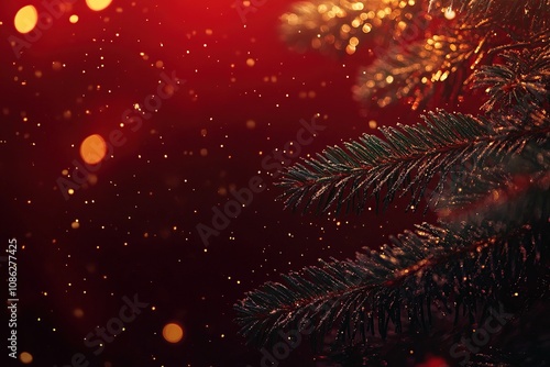 Wallpaper Mural Close-up of a pine branch with bokeh lights and snowflakes on a red background. Torontodigital.ca