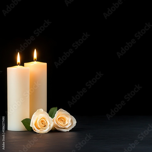 In Loving Memory: White Candles with Roses and Flower Petals for Funeral Memorial, Sympathy, and Condolences Card photo