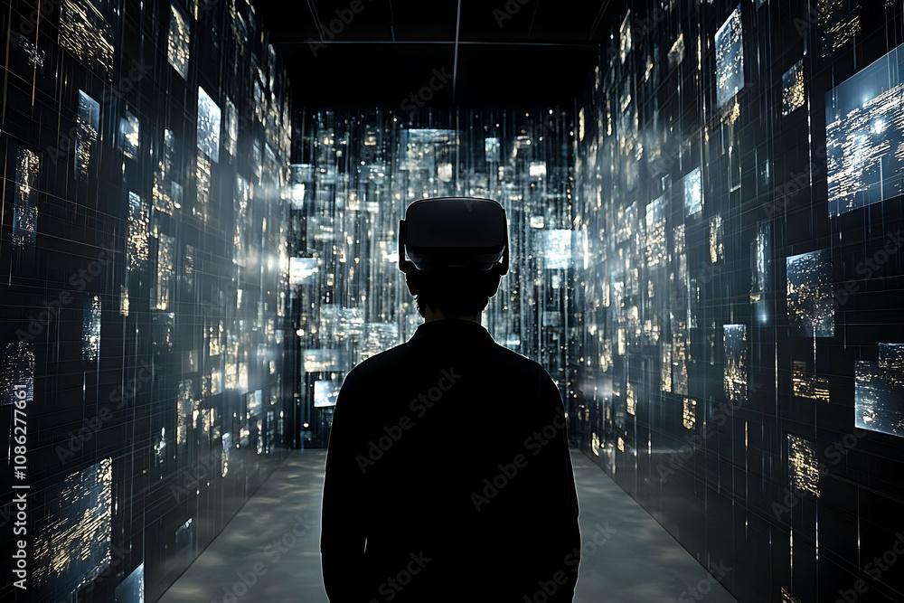 Fototapeta premium Illustration - Person in VR Headset Exploring Virtual City