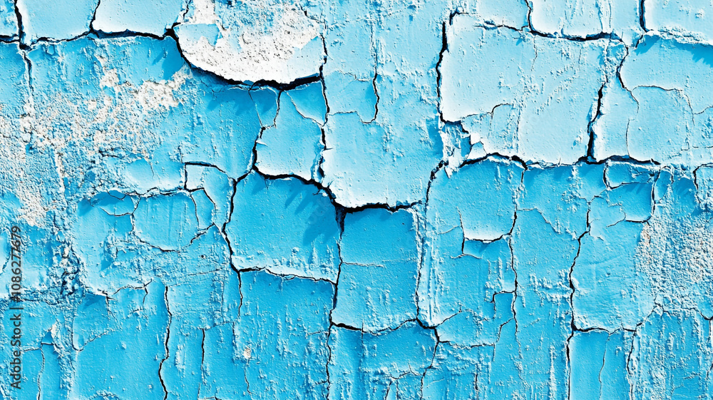 Obraz premium Cracked blue wall with peeling paint under bright sunlight in an urban area