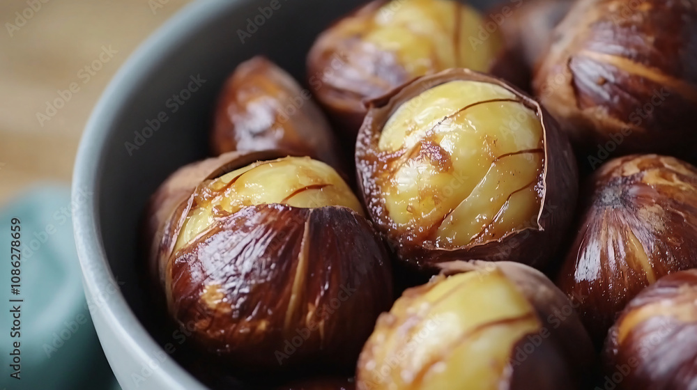 A close-up shot of roasted chestnuts in a bowl, with their crispy, golden-brown skins peeled off to reveal the tender, soft inside. A close-up shot of roasted chestnuts in a bowl, with their crispy, golden-brown skins peeled off to reveal the tender, soft inside.
