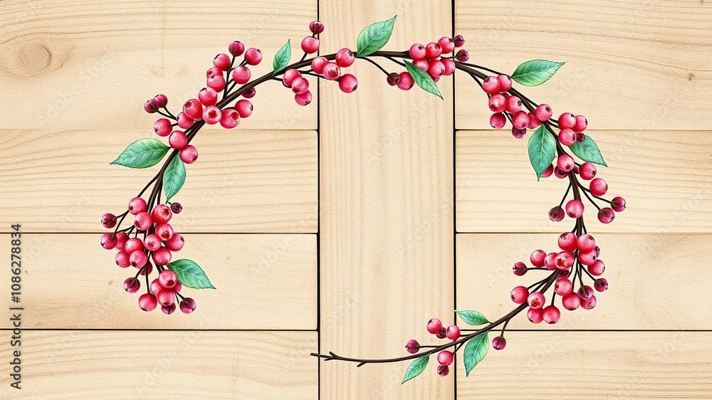 Watercolor illustration of a delicate berry-covered wreath on a wooden base, soft colors, wooden base, watercolor painting Watercolor illustration of a delicate berry-covered wreath on a wooden base, soft colors, wooden base, watercolor painting