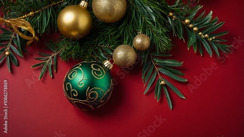 Christmas background - Christmas green leaves and gold ornaments