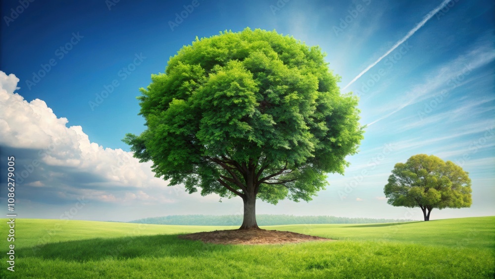 A tree split in half lush and green leaves on one side, barren and leafless on the other, cycle of nature, life and death A tree split in half lush and green leaves on one side, barren and leafless on the other, cycle of nature, life and death