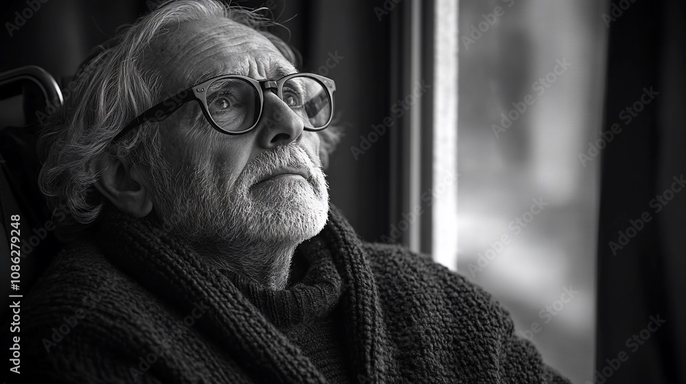 Fototapeta premium Pensive elderly man in glasses looks out window.