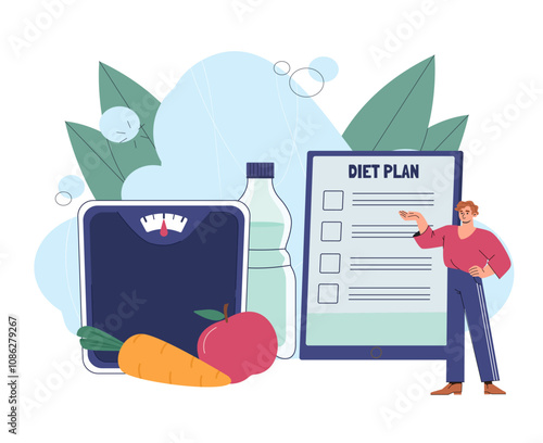 Man with diet plan. Young guy near clipboard with bottle of water, carrot and apple. Healthy and sportive lifestyle. Proper diet and nutrition. Flat vector illustration isolated on white background