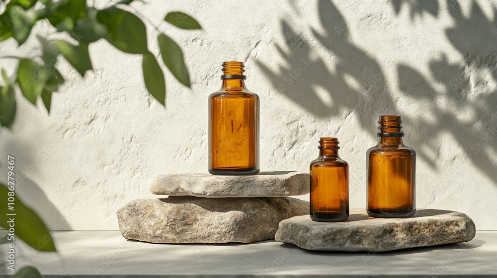 Amber glass bottles on stones with plant shadows. Amber glass bottles on stones with plant shadows.