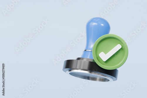 3d Stamp seal with green tick icon symbol. Human resources recruit approved person. Office approves tool document concept. Minimal Cartoon Blue Metal Stamp icon on isolated blue background. 3d render.