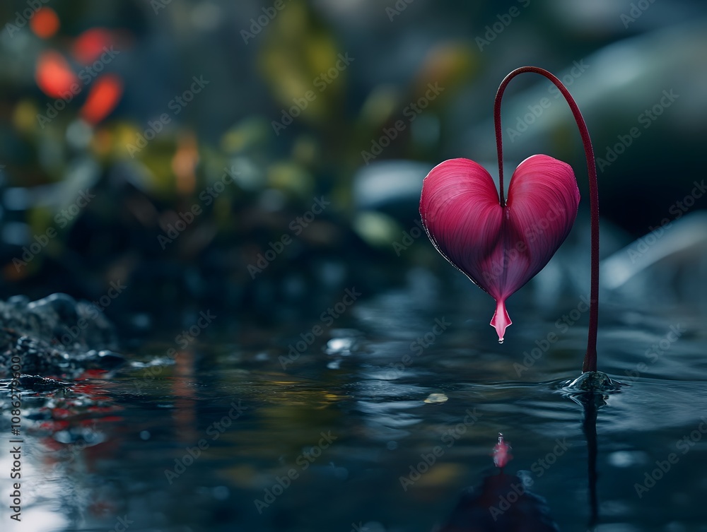 Heart-shaped flower by water, reflecting. Heart-shaped flower by water, reflecting.