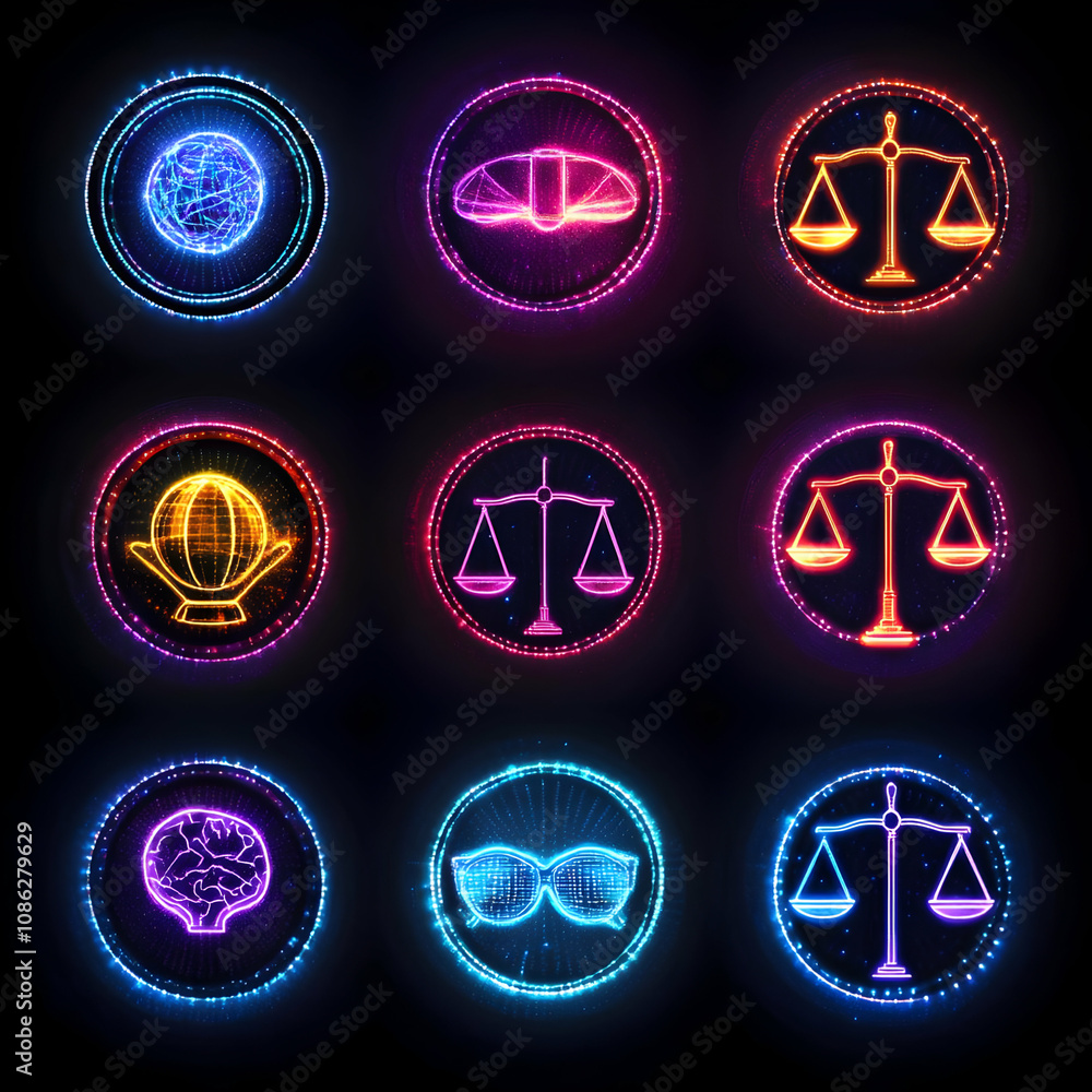 Illustration Glowing Neon Icons Law Justice Brain Globe Glasses Illustration Glowing Neon Icons Law Justice Brain Globe Glasses