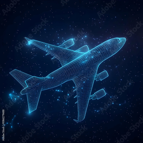 3D Illustration Airplane, Night Sky, Stars, Wireframe