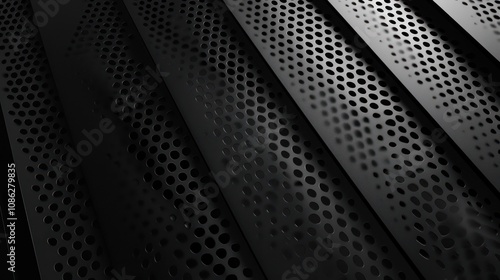 Black metallic abstract perforated steel mesh background for cool banner, AI generated image