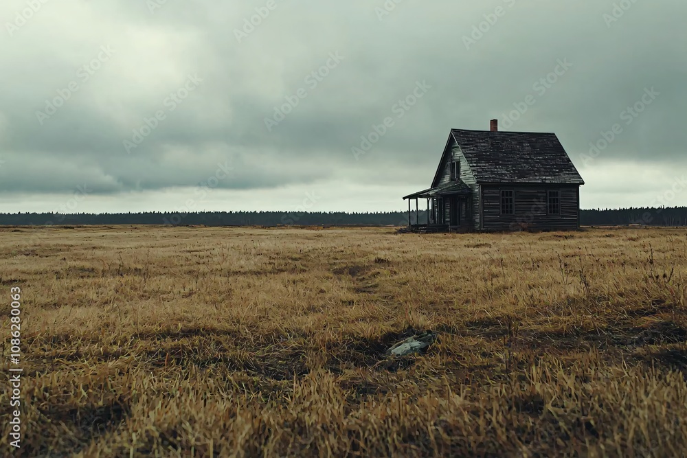 Solitary House in a Grassy Landscape Under Overcast Skies Solitary House in a Grassy Landscape Under Overcast Skies