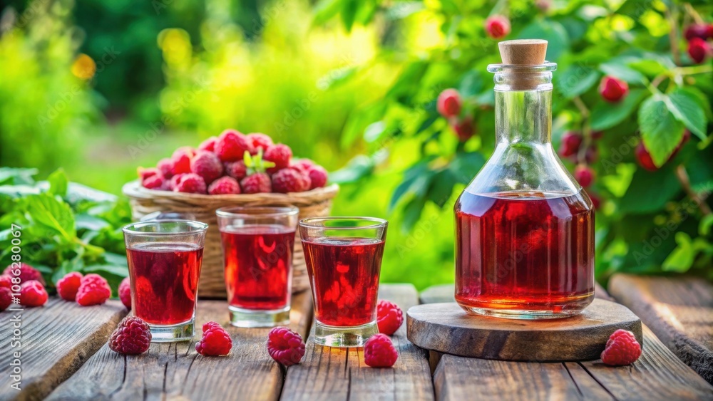 Homemade red raspberry brandy in glasses and a bottle on a wooden table in a summer garden closeup , red, raspberry Homemade red raspberry brandy in glasses and a bottle on a wooden table in a summer garden closeup , red, raspberry