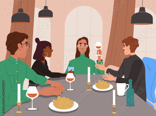 Dinner with friends. Men and women sitting at table with food. Fast food and takeaway eating. Italian cuisine. Young guys and girls with pasta and wine glass. Flat vector illustration
