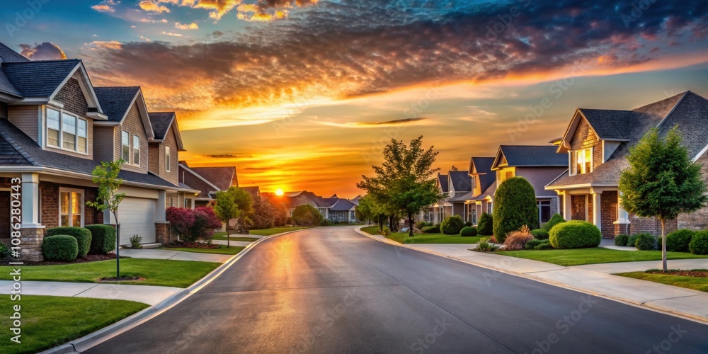 Residential housing neighborhood street at sunset in Bentonville, Arkansas , sunset, residential, neighborhood, street Residential housing neighborhood street at sunset in Bentonville, Arkansas , sunset, residential, neighborhood, street