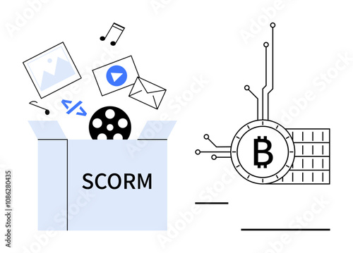 Two distinct elements involving digital innovation. A box labeled SCORM with multimedia icons and a symbol representing Bitcoin. Ideal for online learning, digital content, blockchain, modern