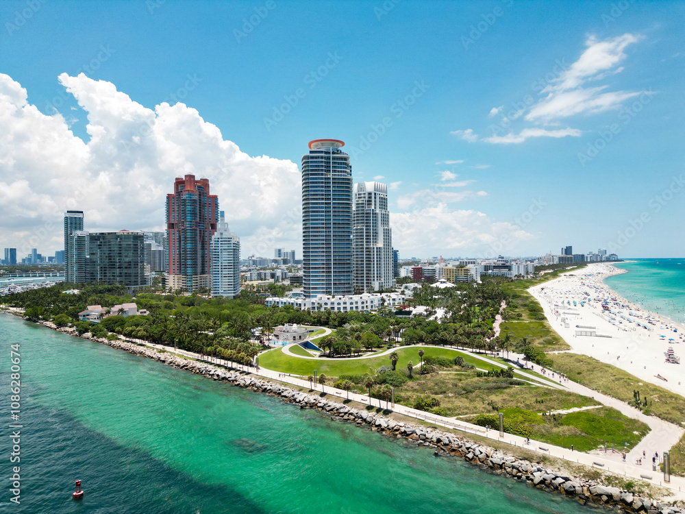 Aerial view of Miami Beach, Florida, United States. Drone shot of Miami on sunny day. Miami Beach, wonderful aerial view of buildings. Panorama view of Miami Beach, South Beach, USA. Aerial view of Miami Beach, Florida, United States. Drone shot of Miami on sunny day. Miami Beach, wonderful aerial view of buildings. Panorama view of Miami Beach, South Beach, USA.