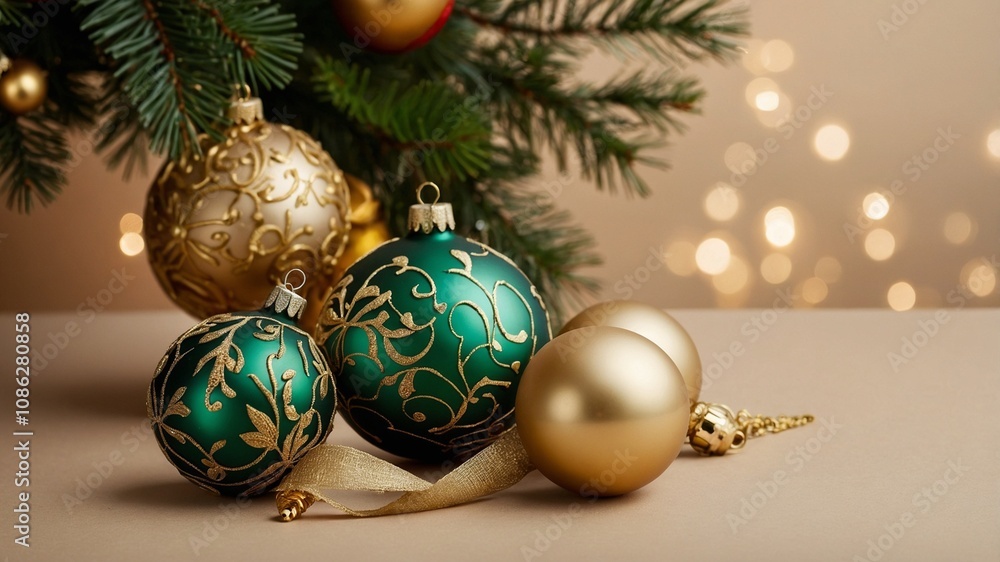 Christmas green leaves and gold ornaments - generative ai Christmas green leaves and gold ornaments - generative ai