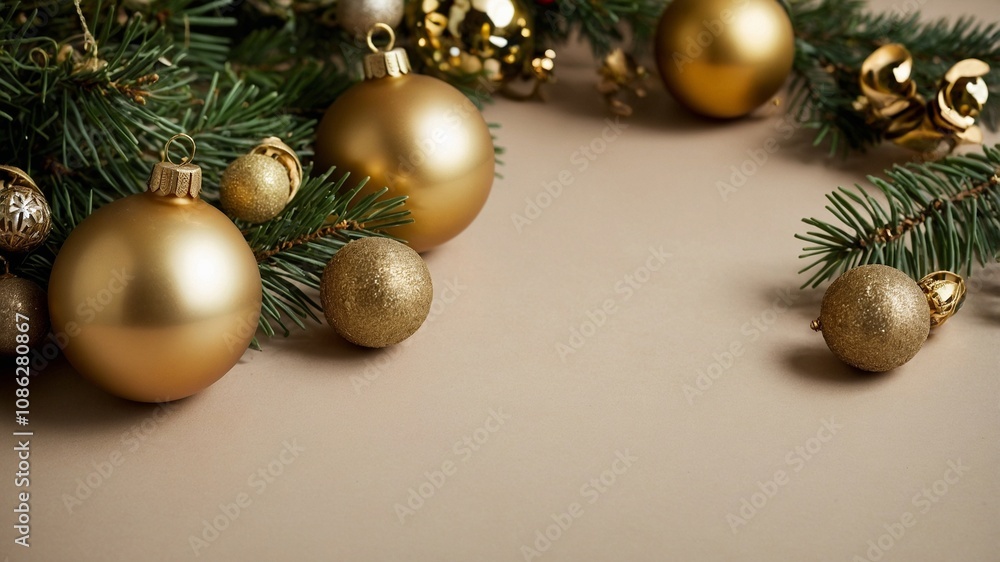 Christmas green leaves and gold ornaments - generative ai Christmas green leaves and gold ornaments - generative ai