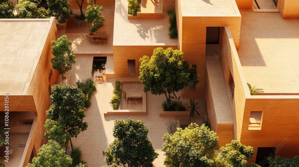 Fototapeta premium Minimalist layout of a residential complex in clay, emphasizing the arrangement of units and outdoor spaces.