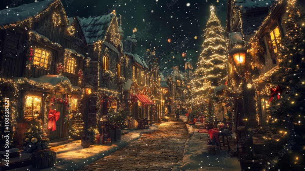 A enchanting snowy night street adorned with twinkling Christmas lights and festive decorations, evoking warmth and holiday cheer amidst the winter chill. A enchanting snowy night street adorned with twinkling Christmas lights and festive decorations, evoking warmth and holiday cheer amidst the winter chill.