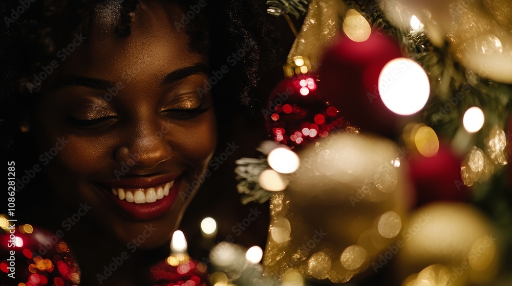 A joyful woman gazes at a glowing Christmas tree, surrounded by twinkling lights, capturing the warmth of festive cheer and holiday spirit. A joyful woman gazes at a glowing Christmas tree, surrounded by twinkling lights, capturing the warmth of festive cheer and holiday spirit.