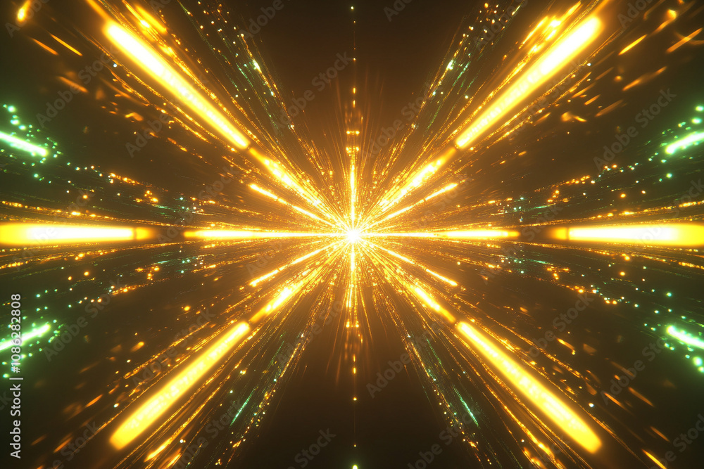 Radiant laser beams converge at central point Radiant laser beams converge at central point