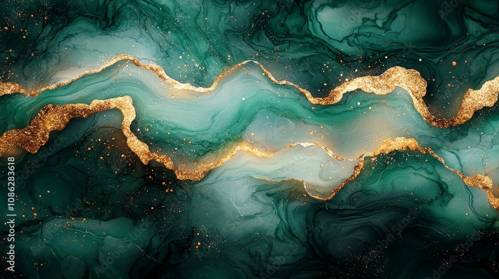 Abstract swirling green and gold pattern with a fluid design. Abstract swirling green and gold pattern with a fluid design.