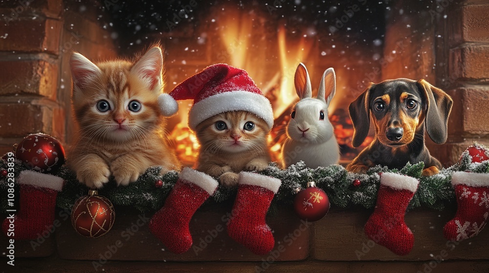 Festive Fireplace Friends Kittens, Bunny, and Dachshund Celebrate Christmas Festive Fireplace Friends Kittens, Bunny, and Dachshund Celebrate Christmas