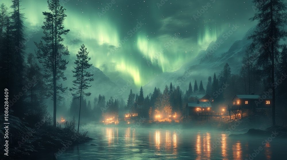 A cozy cabin by a tranquil lake, illuminated by vibrant aurora lights dancing in the night sky, creating a magical and serene atmosphere. A cozy cabin by a tranquil lake, illuminated by vibrant aurora lights dancing in the night sky, creating a magical and serene atmosphere.