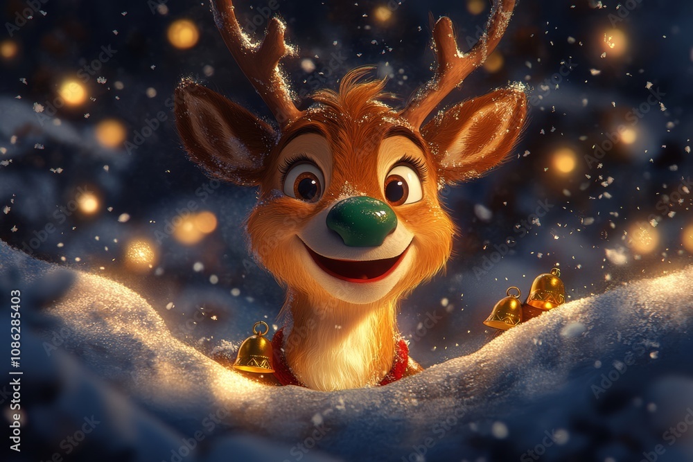 Cheerful Rudolph the reindeer beams joyfully, standing amidst a blanket of glistening snow, capturing the magic of winter wonder and festive spirit. Cheerful Rudolph the reindeer beams joyfully, standing amidst a blanket of glistening snow, capturing the magic of winter wonder and festive spirit.