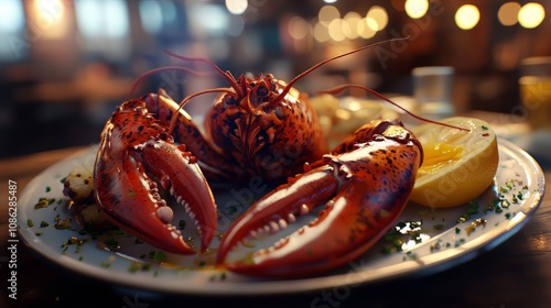 Macro closeup of lobsters and seafood on plate with tartar sauce and garlic butter. seafood. Ultra realistic. Photorealistic hypermaximalist advertising photography hyper realistic fine detail photo