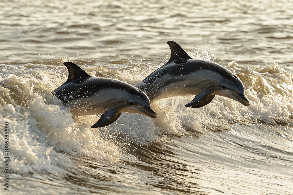 Fototapeta premium Dolphins Playfully Leaping Through Ocean Waves at Sunset