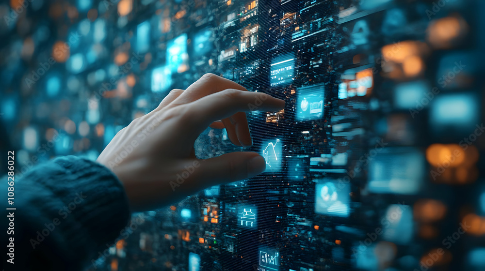 Illustration - Hand Interacting with Futuristic Data Interface Illustration - Hand Interacting with Futuristic Data Interface