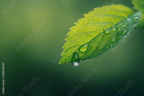 Close-up of a Fresh Green Leaf with Water Droplets photo