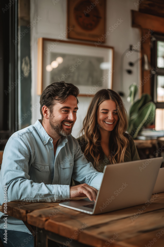 Man and woman collaborate on laptop at modern office desk with natural light Man and woman collaborate on laptop at modern office desk with natural light