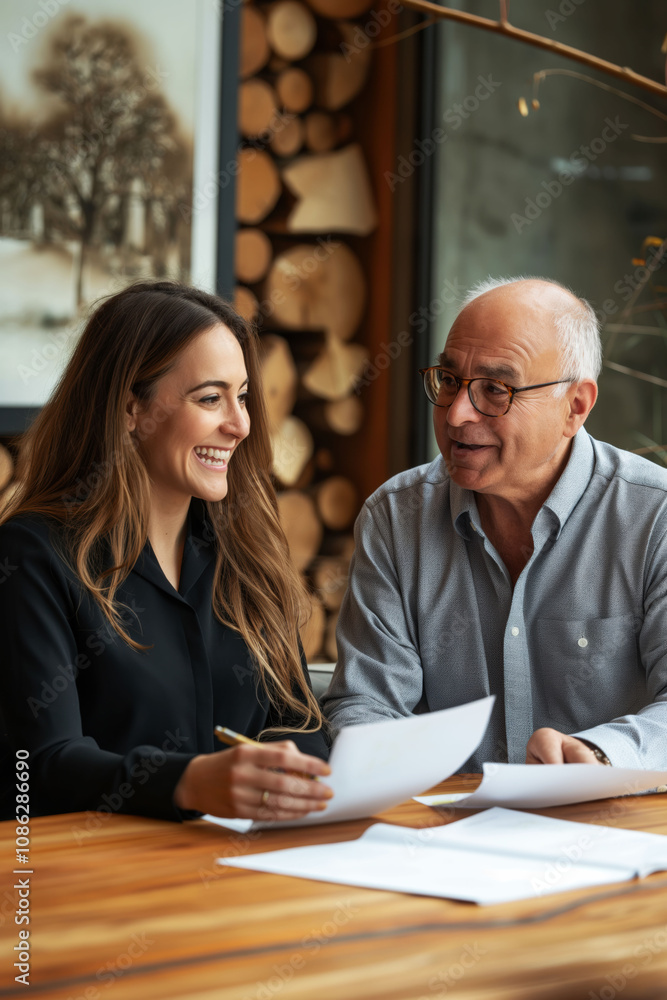 Man and woman smiling while discussing documents at a wooden desk in modern office with daylight