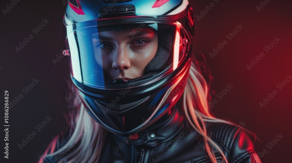 Caucasian female rider in studio wearing safety motorbike helmet on black background, Caucasian female rider in studio wearing safety motorbike helmet on black background,