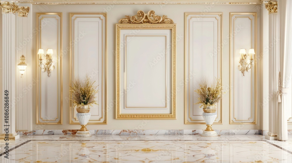 Luxury entrance hall with large empty frame mockup, classic architecture Luxury entrance hall with large empty frame mockup, classic architecture
