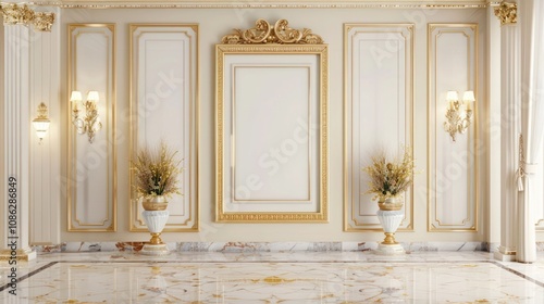 Luxury entrance hall with large empty frame mockup, classic architecture