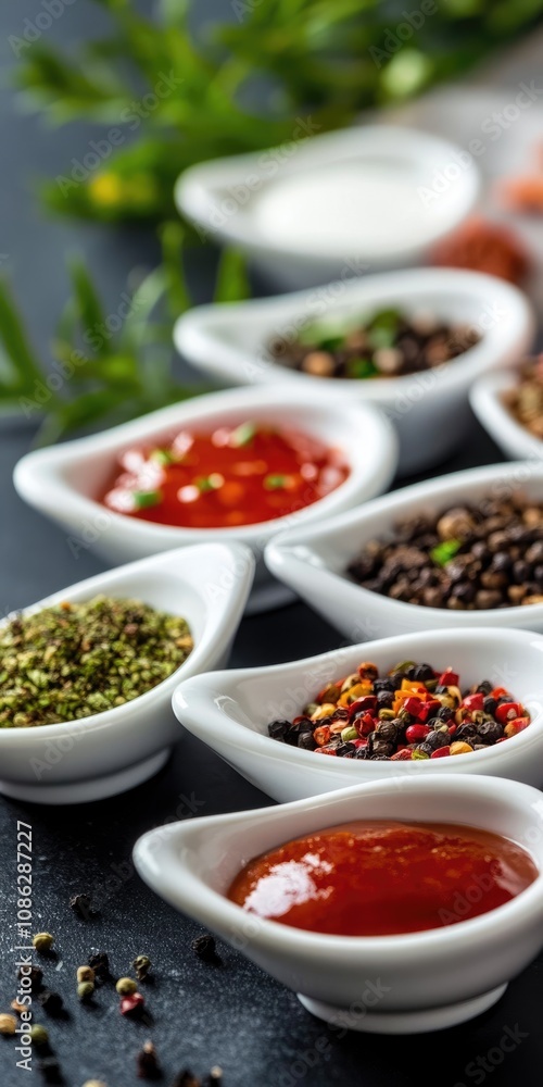 Spice indulgence: fiery hot sauce in sleek glass container, accompanied by vibrant display of peppers, rich spices, showcasing bold flavors that add heat, depth to any dish. Spice indulgence: fiery hot sauce in sleek glass container, accompanied by vibrant display of peppers, rich spices, showcasing bold flavors that add heat, depth to any dish.