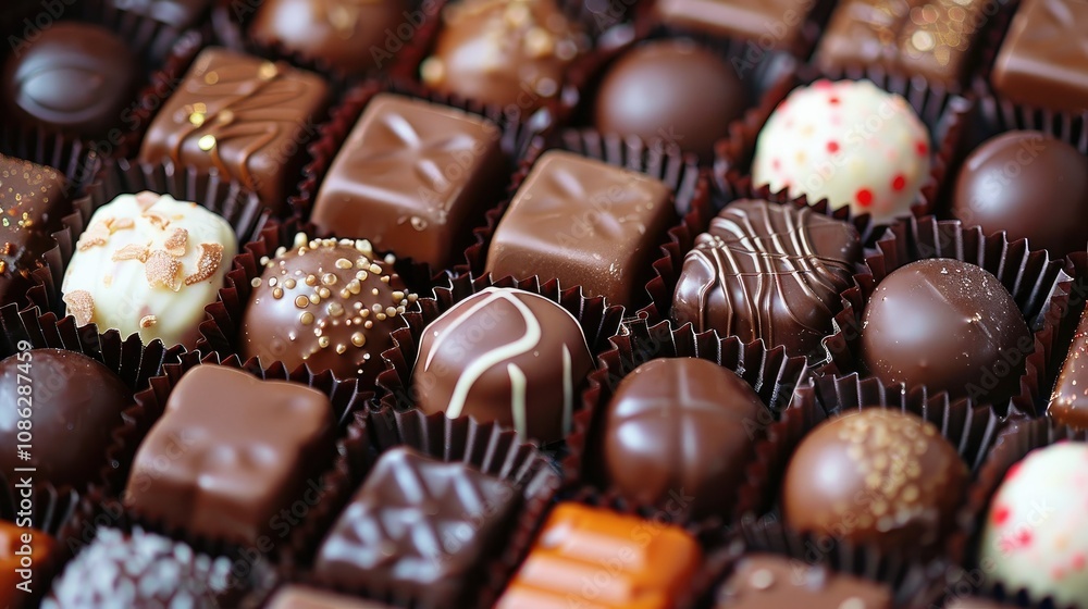 Gourmet chocolates arranged in a decorative gift box Gourmet chocolates arranged in a decorative gift box